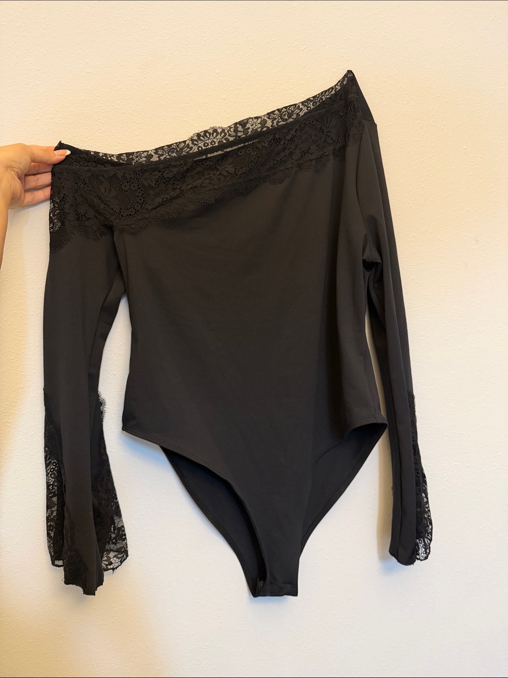 Black Lace-Trim Off-Shoulder Bodysuit